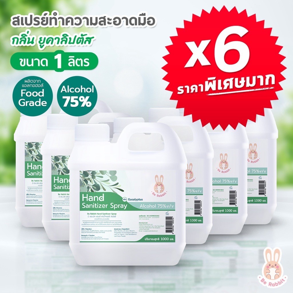 ซื้อ x6 แอลกอฮอล์ สเปรย์ 75% ขนาด 1000 ml / กลิ่น ยูคาลิปตัส / Food Grade /  Be Rabbit  by Ing Organic