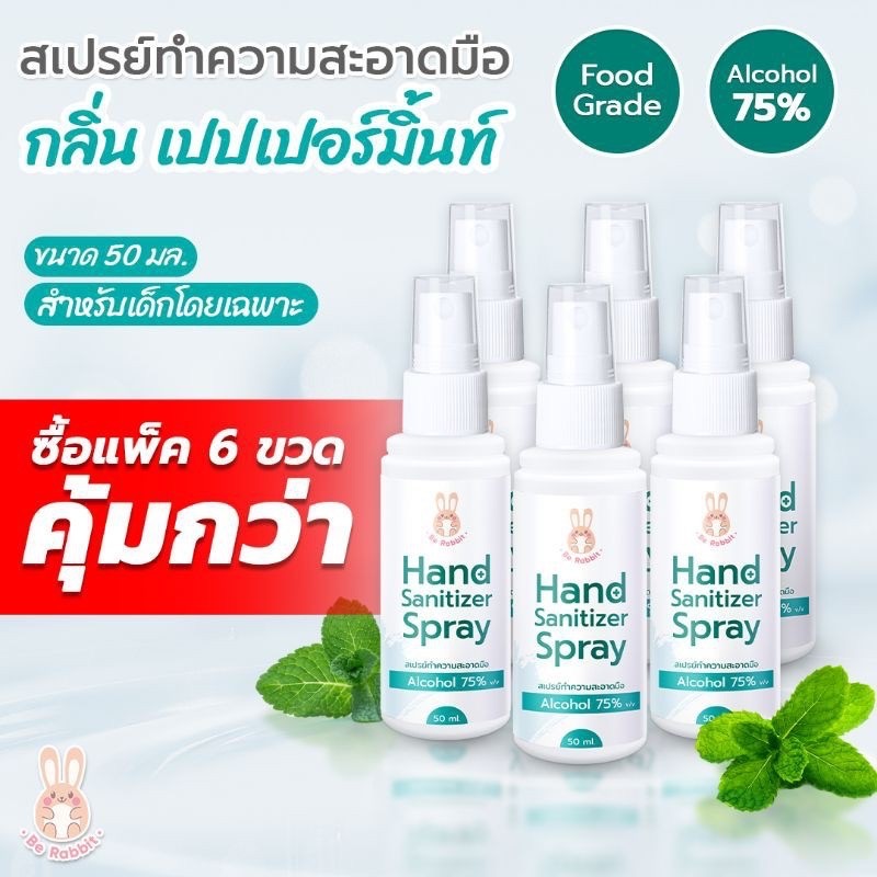 สเปรย์ แอลกอฮอล์ กลิ่นเปปเปอร์มินต์ 50 มล. 6 ขวด Be Rabbit  by Ing Organic