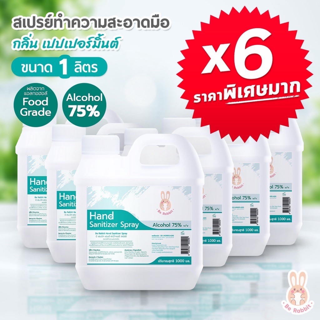 ซื้อ x6 แอลกอฮอล์ สเปรย์ 75% ขนาด 1000 ml / กลิ่น เปปเปอร์ มินต์ / Food Grade /  Be Rabbit  by Ing Organic