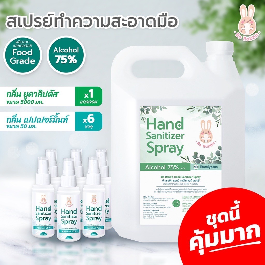 แอลกอฮอล์ สเปรย์ 75% กลิ่นเปปเปอร์มินต์ 50 ml. 6 ชิ้น + กลิ่นยูคาลิปตัส แกลลอน 5000 ml. / Food Grade /  Be Rabbit  by Ing Organic